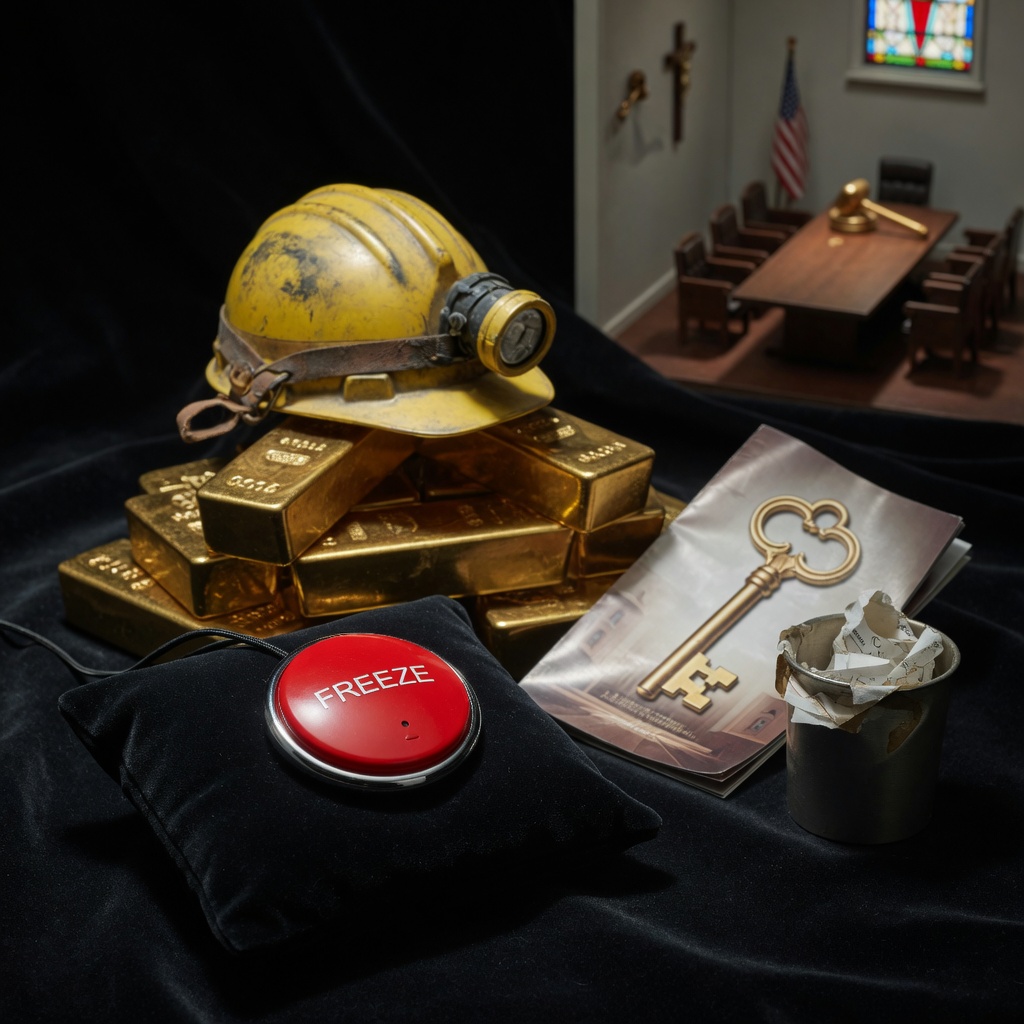 Miner helmet on gold bars, a freeze button on velvet, a key brochure beside the trash
