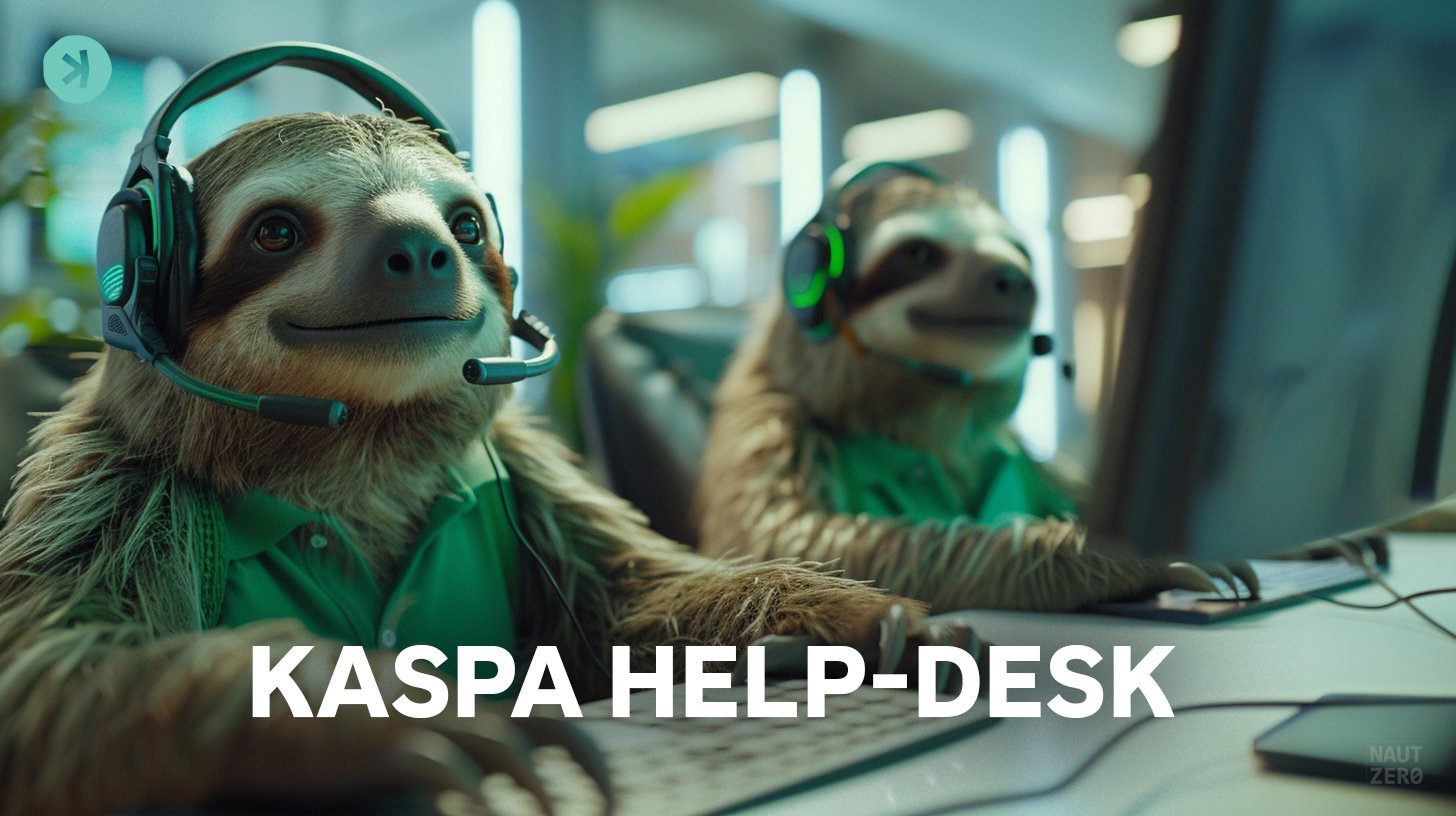Two sloths in headsets at a Kaspa help desk